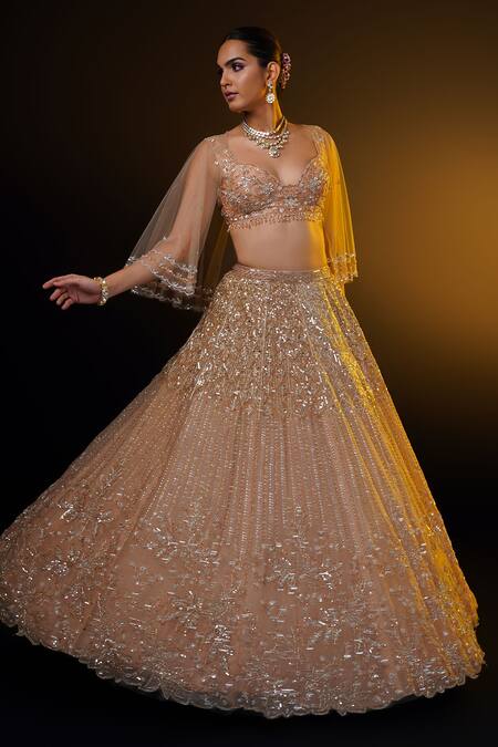 Ronak And Shruti_Brown Organza, Net Sequins, Beads Floral Embroidered Lehenga Set With Cape _Online_at_Aza_Fashions