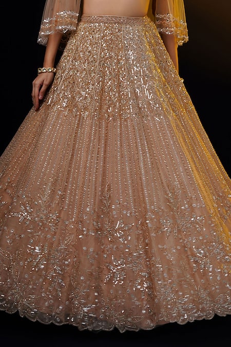 Buy_Ronak And Shruti_Brown Organza, Net Sequins, Beads Floral Embroidered Lehenga Set With Cape _Online_at_Aza_Fashions