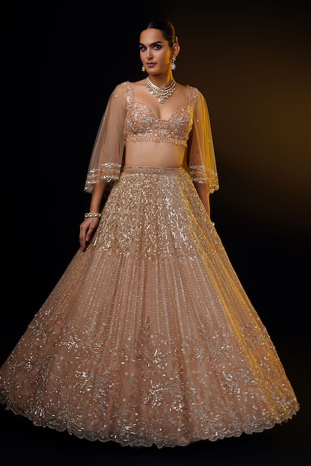 Shop_Ronak And Shruti_Brown Organza, Net Sequins, Beads Floral Embroidered Lehenga Set With Cape _Online_at_Aza_Fashions