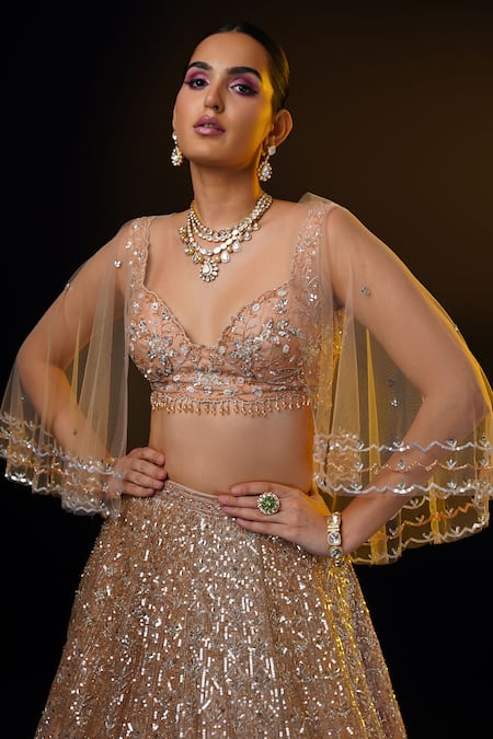 Ronak And Shruti_Brown Organza, Net Sequins, Beads Floral Embroidered Lehenga Set With Cape _at_Aza_Fashions