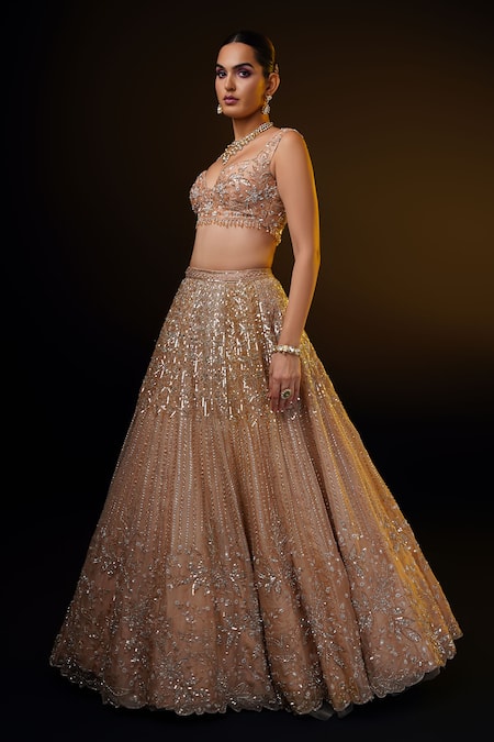 Buy_Ronak And Shruti_Brown Organza, Net Sequins, Beads Floral Embroidered Lehenga Set With Cape 