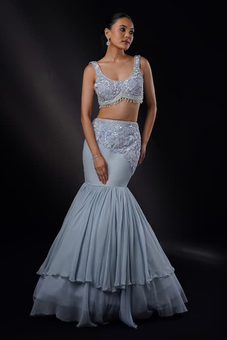 Ronak And Shruti Blue 3D Pearl Embroidered Lehenga Set 