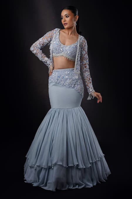 Ronak And Shruti_Blue Net, Georgette Sequins, Pearls Asymmetric, Open 3d Embroidered Lehenga Set _Online_at_Aza_Fashions
