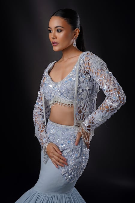 Buy_Ronak And Shruti_Blue Net, Georgette Sequins, Pearls Asymmetric, Open 3d Embroidered Lehenga Set _Online_at_Aza_Fashions