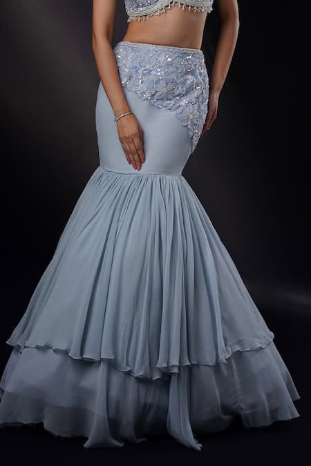 Shop_Ronak And Shruti_Blue Net, Georgette Sequins, Pearls Asymmetric, Open 3d Embroidered Lehenga Set _Online_at_Aza_Fashions