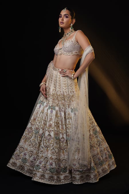 Shop_Ronak And Shruti_Ivory Net, Linen Pearls, Sequins, Zari Sweetheart Embroidered Bridal Lehenga Set _Online_at_Aza_Fashions