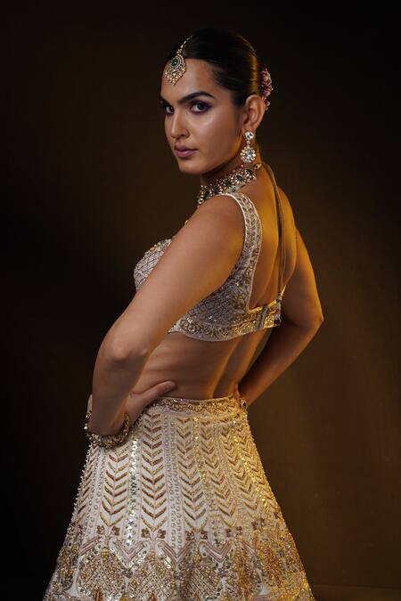 Ronak And Shruti_Ivory Net, Linen Pearls, Sequins, Zari Sweetheart Embroidered Bridal Lehenga Set _at_Aza_Fashions