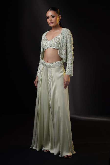 Ronak And Shruti_Green Organza Sequins, Beads, Embroidery Open Neck, Sweetheart Jacket And Pant Set _Online_at_Aza_Fashions