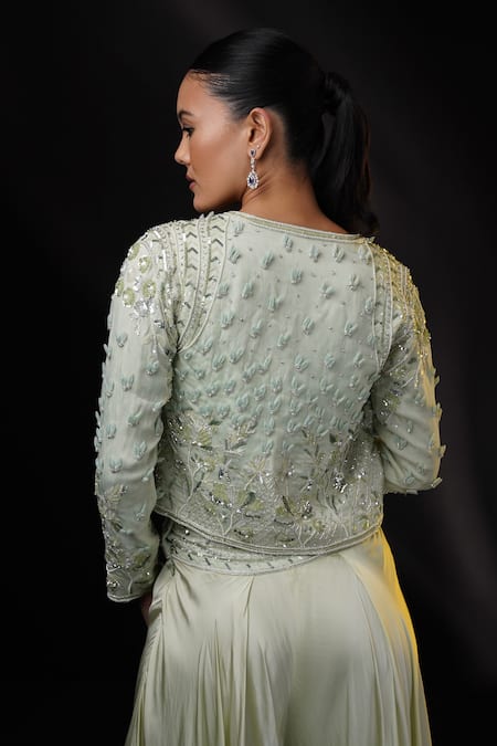 Shop_Ronak And Shruti_Green Organza Sequins, Beads, Embroidery Open Neck, Sweetheart Jacket And Pant Set _Online_at_Aza_Fashions