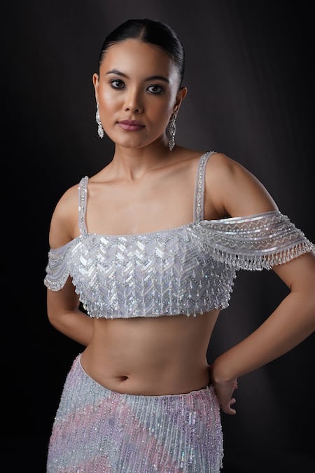 Buy_Ronak And Shruti_Silver Net Beads, Tassels, Embroidery Square 3d Fringed Embellished Lehenga Set _Online_at_Aza_Fashions