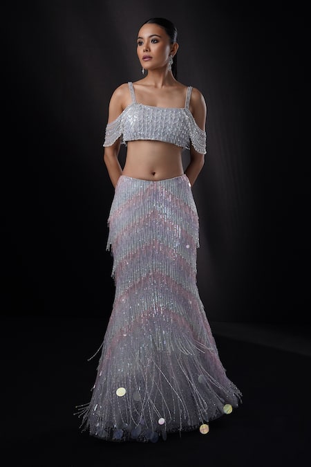 Shop_Ronak And Shruti_Silver Net Beads, Tassels, Embroidery Square 3d Fringed Embellished Lehenga Set _Online_at_Aza_Fashions