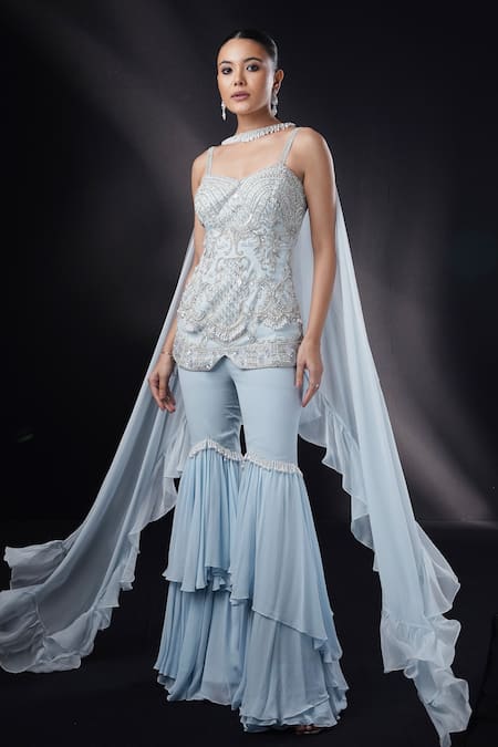 Ronak And Shruti_Blue Georgette, Organza Crystals, Pearls, Baroque Embroidered Kurta Sharara Set _Online_at_Aza_Fashions