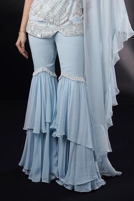Buy_Ronak And Shruti_Blue Georgette, Organza Crystals, Pearls, Baroque Embroidered Kurta Sharara Set _Online_at_Aza_Fashions
