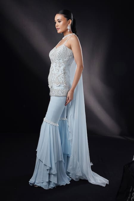 Shop_Ronak And Shruti_Blue Georgette, Organza Crystals, Pearls, Baroque Embroidered Kurta Sharara Set _Online_at_Aza_Fashions