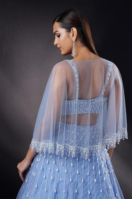 Ronak And Shruti Sapphire Blue Pearl Embellished Lehenga Set 