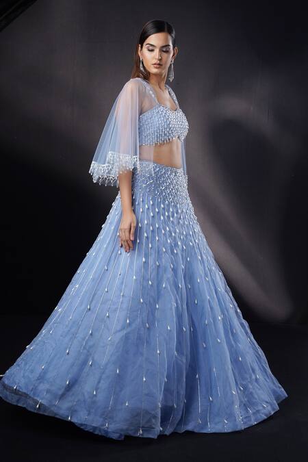 Buy_Ronak And Shruti_Blue Organza, Net Pearls, Crystals, Sequins, Sapphire Embellished Lehenga Set _Online_at_Aza_Fashions