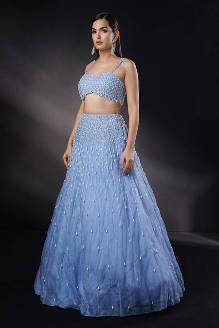 Ronak And Shruti_Blue Organza, Net Pearls, Crystals, Sequins, Sapphire Embellished Lehenga Set _at_Aza_Fashions