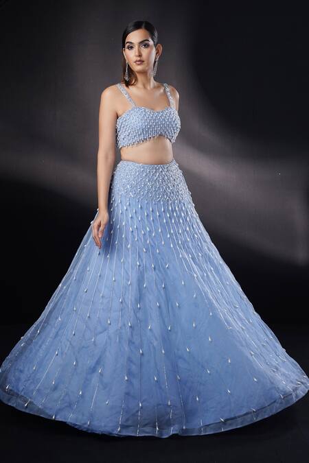 Buy_Ronak And Shruti_Blue Organza, Net Pearls, Crystals, Sequins, Sapphire Embellished Lehenga Set 
