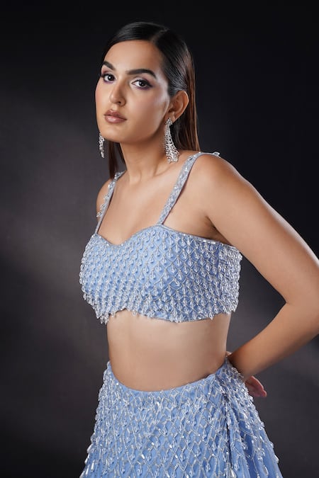 Shop_Ronak And Shruti_Blue Organza, Net Pearls, Crystals, Sequins, Sapphire Embellished Lehenga Set 