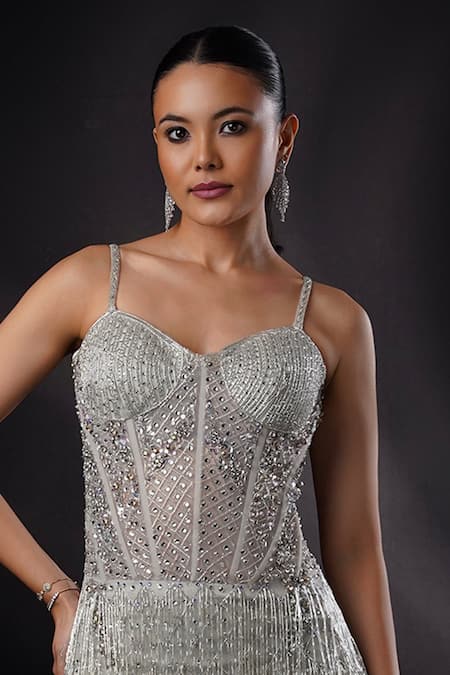 Ronak And Shruti_Silver Net Tassels Sweetheart Neck Crystal Embellished Dress _Online_at_Aza_Fashions