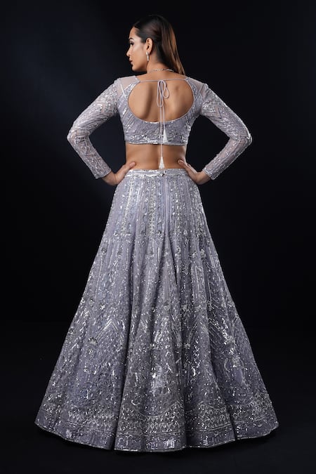 Ronak And Shruti Sapphire Aztec Bloom Embroidered Lehenga Set 