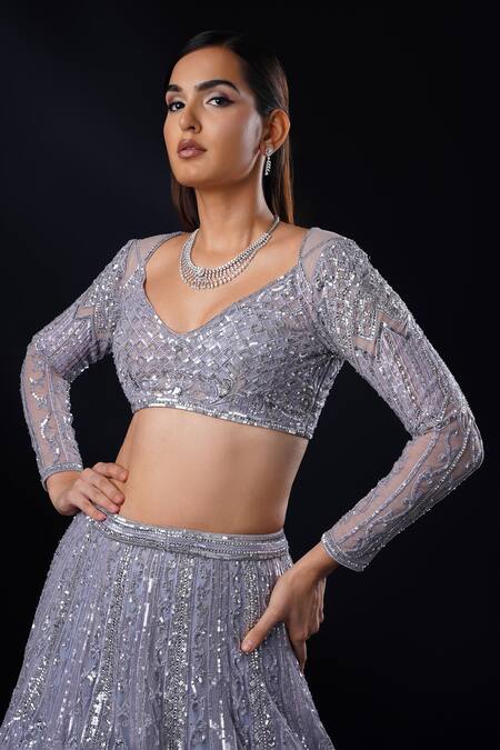 Buy_Ronak And Shruti_Blue Net Sequins, Crystals, Pearls, Sapphire Aztec Bloom Embroidered Lehenga Set _Online_at_Aza_Fashions