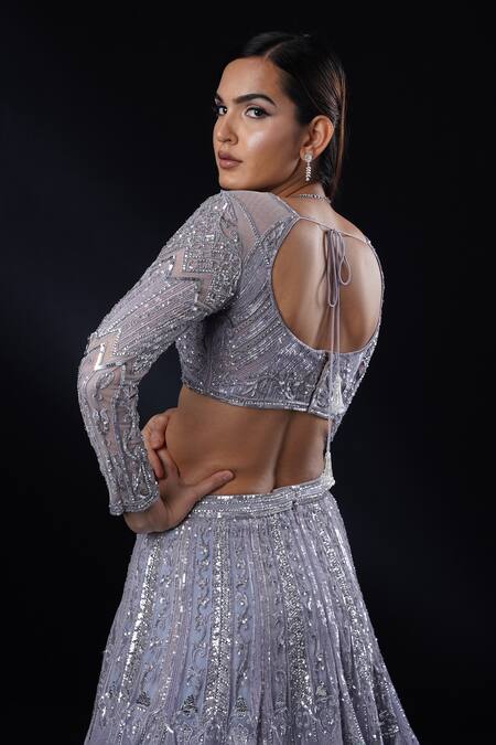 Shop_Ronak And Shruti_Blue Net Sequins, Crystals, Pearls, Sapphire Aztec Bloom Embroidered Lehenga Set _Online_at_Aza_Fashions