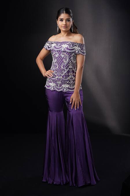 Buy_Ronak And Shruti_Purple Organza Crystals, Pearls, Sequins, Embroidered Off Top And Sharara Set _Online_at_Aza_Fashions