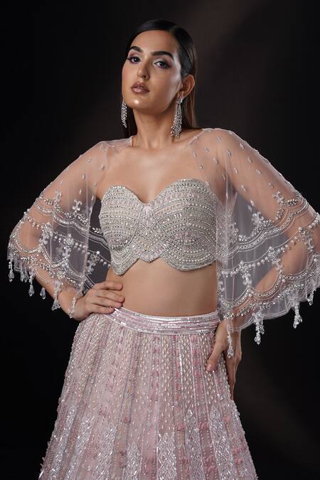 Ronak And Shruti_Pink Net Beads, Sequins, Embroidery Sweetheart Crystal Petal Cape And Lehenga Set _Online_at_Aza_Fashions