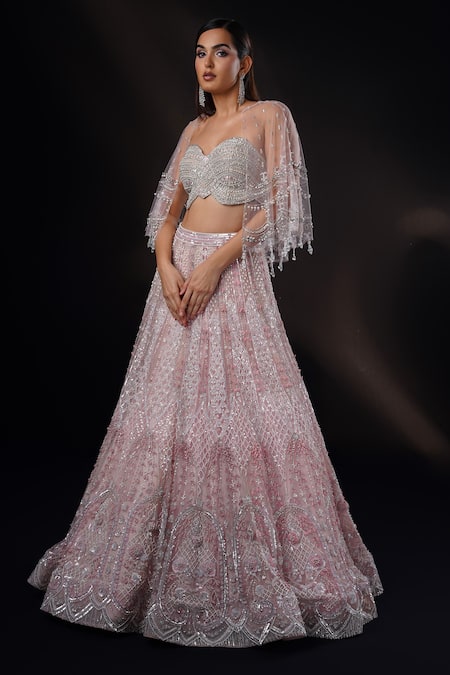 Buy_Ronak And Shruti_Pink Net Beads, Sequins, Embroidery Sweetheart Crystal Petal Cape And Lehenga Set _Online_at_Aza_Fashions