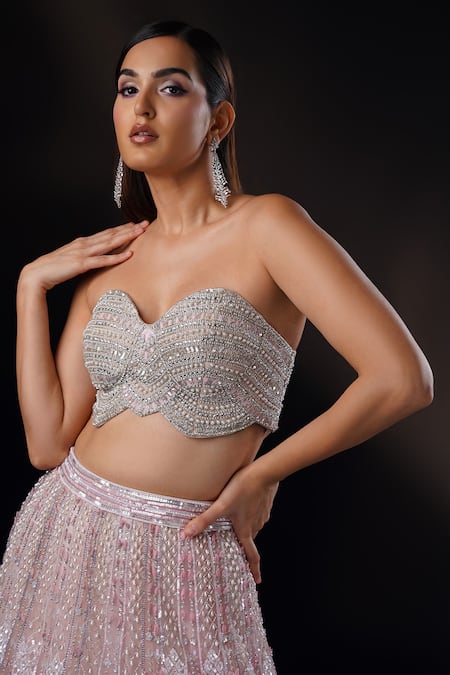 Shop_Ronak And Shruti_Pink Net Beads, Sequins, Embroidery Sweetheart Crystal Petal Cape And Lehenga Set _Online_at_Aza_Fashions