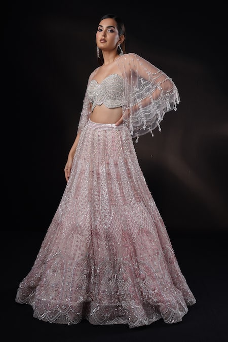 Ronak And Shruti_Pink Net Beads, Sequins, Embroidery Sweetheart Crystal Petal Cape And Lehenga Set _at_Aza_Fashions
