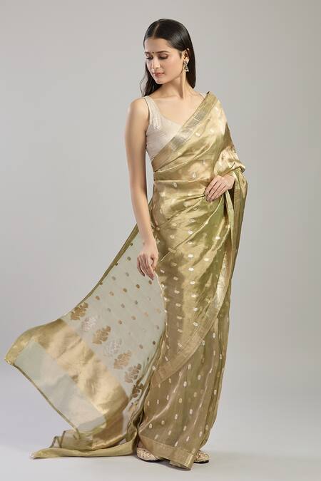 Mint N Oranges Green Tissue Embroidery Floral Hand Woven Banarasi Saree Online at Aza Fashions Mint N Oranges_Green Tissue Embroidery Floral Hand Woven Banarasi Saree_Online_at_Aza_Fashions