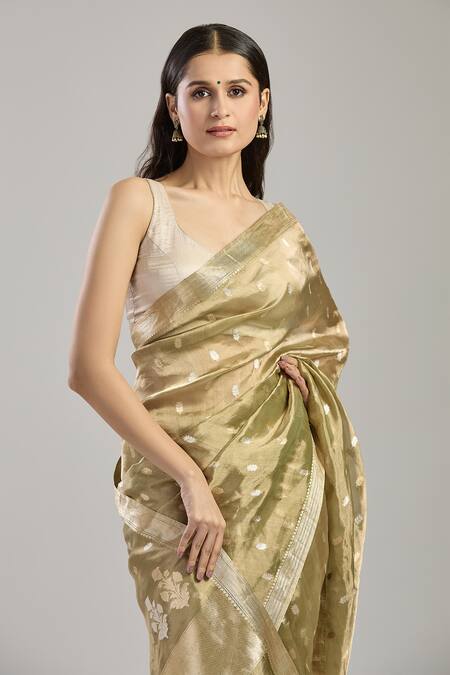 Shop Mint N Oranges Green Tissue Embroidery Floral Hand Woven Banarasi Saree Online at Aza Fashions Shop_Mint N Oranges_Green Tissue Embroidery Floral Hand Woven Banarasi Saree_Online_at_Aza_Fashions