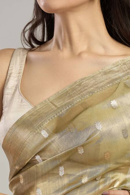 Mint N Oranges Green Tissue Embroidery Floral Hand Woven Banarasi Saree at Aza Fashions Mint N Oranges_Green Tissue Embroidery Floral Hand Woven Banarasi Saree_at_Aza_Fashions