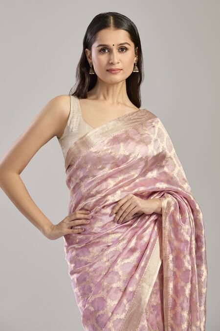 Mint N Oranges_Purple Tissue Embroidery Floral Vine Hand Woven Saree_at_Aza_Fashions