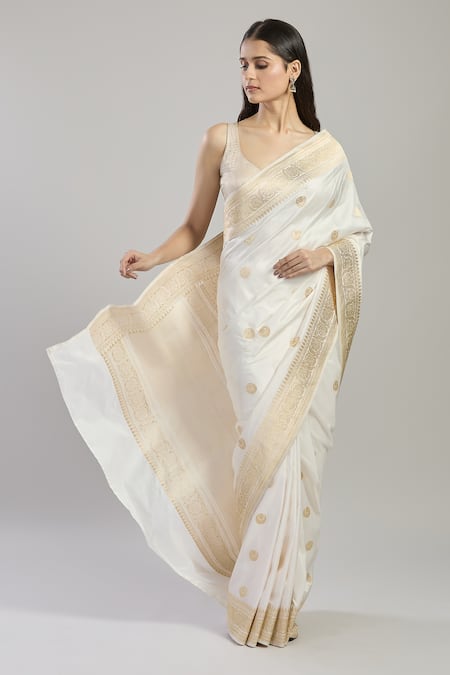 Buy_Mint N Oranges_White Silk Embroidery, Zari Floral Butta Hand Woven Saree _Online_at_Aza_Fashions