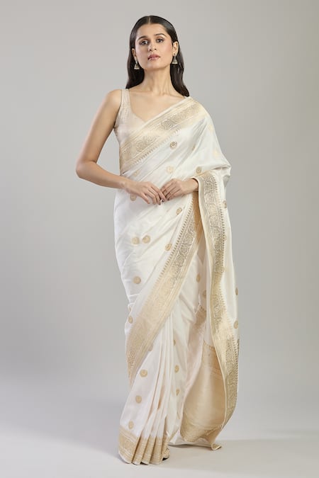 Shop_Mint N Oranges_White Silk Embroidery, Zari Floral Butta Hand Woven Saree _Online_at_Aza_Fashions