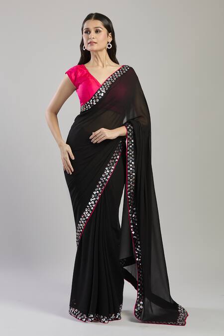Mint N Oranges_Black Georgette Sequins, Piping V-neck Embellished Saree And Blouse Piece _Online_at_Aza_Fashions