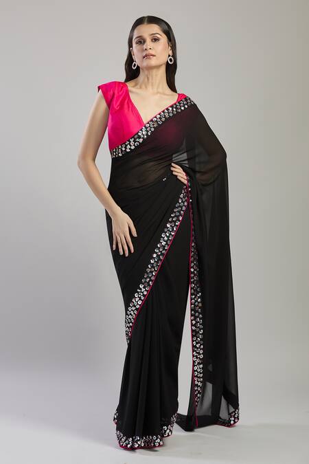 Buy_Mint N Oranges_Black Georgette Sequins, Piping V-neck Embellished Saree And Blouse Piece _Online_at_Aza_Fashions