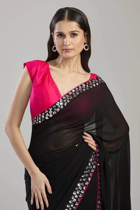 Shop_Mint N Oranges_Black Georgette Sequins, Piping V-neck Embellished Saree And Blouse Piece _Online_at_Aza_Fashions