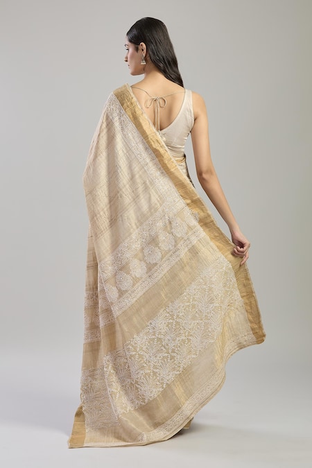 Shop Mint N Oranges Beige Tussar Mirrors, Embroidery Mukaish Silk Saree at Aza Fashions Shop_Mint N Oranges_Beige Tussar Mirrors, Embroidery Mukaish Silk Saree_at_Aza_Fashions