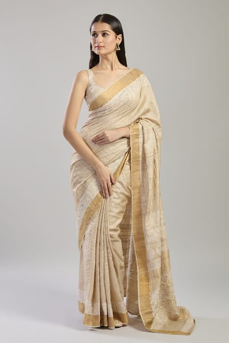 Mint N Oranges Beige Tussar Mirrors, Embroidery Mukaish Silk Saree Online at Aza Fashions Mint N Oranges_Beige Tussar Mirrors, Embroidery Mukaish Silk Saree_Online_at_Aza_Fashions