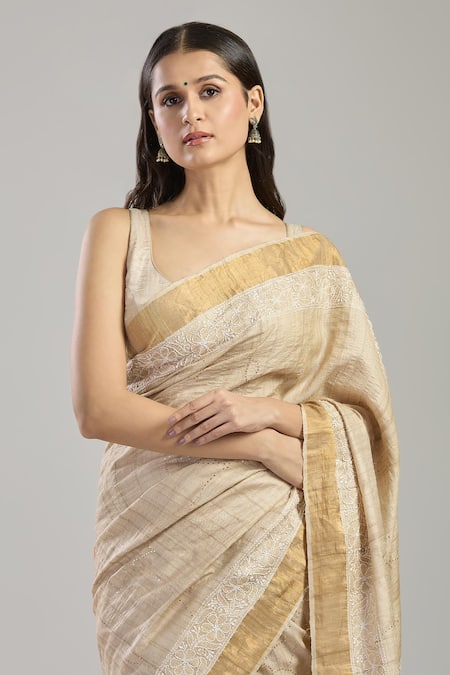 Buy Mint N Oranges Beige Tussar Mirrors, Embroidery Mukaish Silk Saree Online at Aza Fashions Buy_Mint N Oranges_Beige Tussar Mirrors, Embroidery Mukaish Silk Saree_Online_at_Aza_Fashions