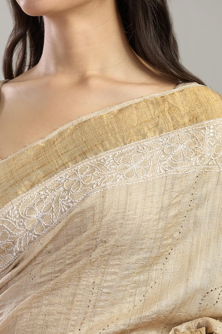 Mint N Oranges Beige Tussar Mirrors, Embroidery Mukaish Silk Saree at Aza Fashions Mint N Oranges_Beige Tussar Mirrors, Embroidery Mukaish Silk Saree_at_Aza_Fashions