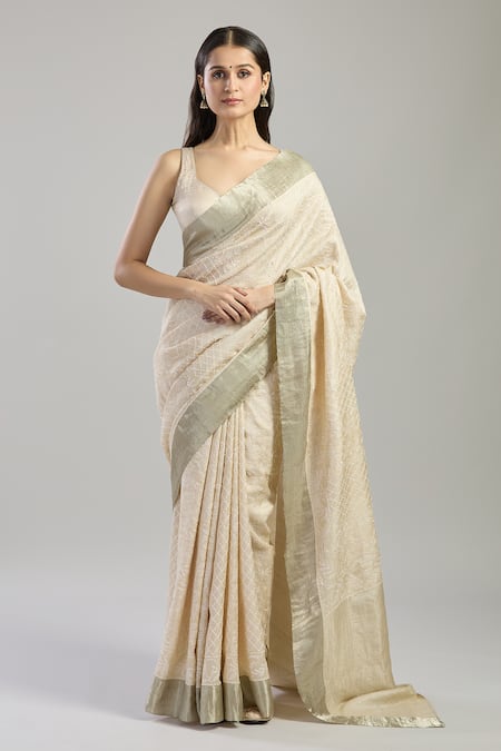 Mint N Oranges_Beige Tussar, Silk Embroidery Round Neck Chikankari Saree And Unstitched Blouse_Online_at_Aza_Fashions