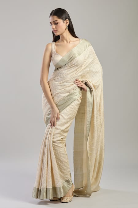 Buy_Mint N Oranges_Beige Tussar, Silk Embroidery Round Neck Chikankari Saree And Unstitched Blouse_Online_at_Aza_Fashions