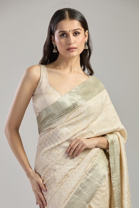 Mint N Oranges_Beige Tussar, Silk Embroidery Round Neck Chikankari Saree And Unstitched Blouse_at_Aza_Fashions