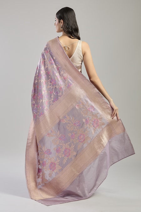 Mint N Oranges Mauve Flower Vine Hand Woven Saree 