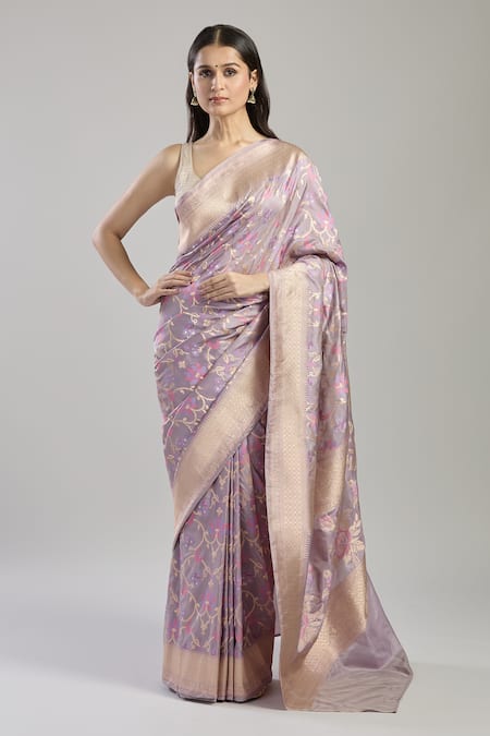 Mint N Oranges_Purple Silk Embroidery Mauve Flower Vine Hand Woven Saree _Online_at_Aza_Fashions